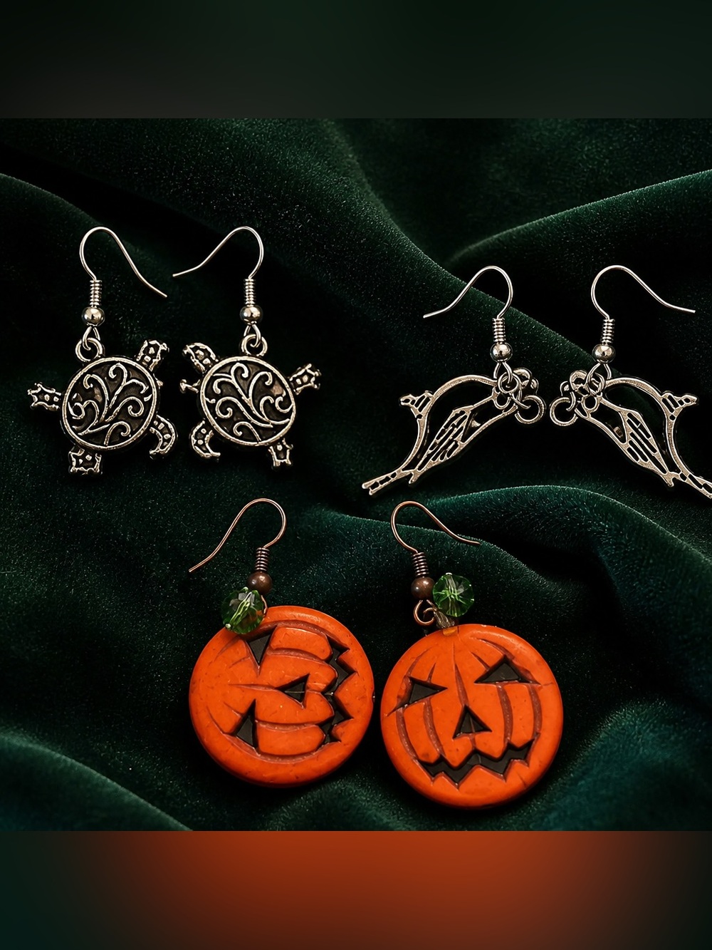 3 for 1 Price - Handmade Orange Pumpkin, Turtle and Bird Dangle Earrings